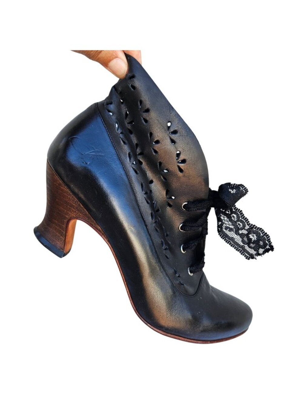 John Fluevog Lace-Up Heel Ankle Boots Black Leather Sz 7 2012 Blanc Wonders